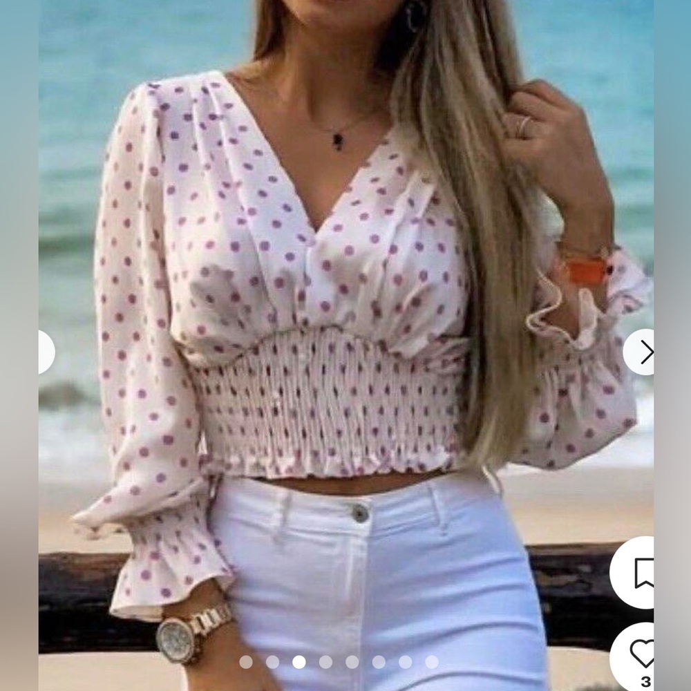 Zara polka dot blouse white lavender ruffled v neck cropped sz S - Picture 4 of 7